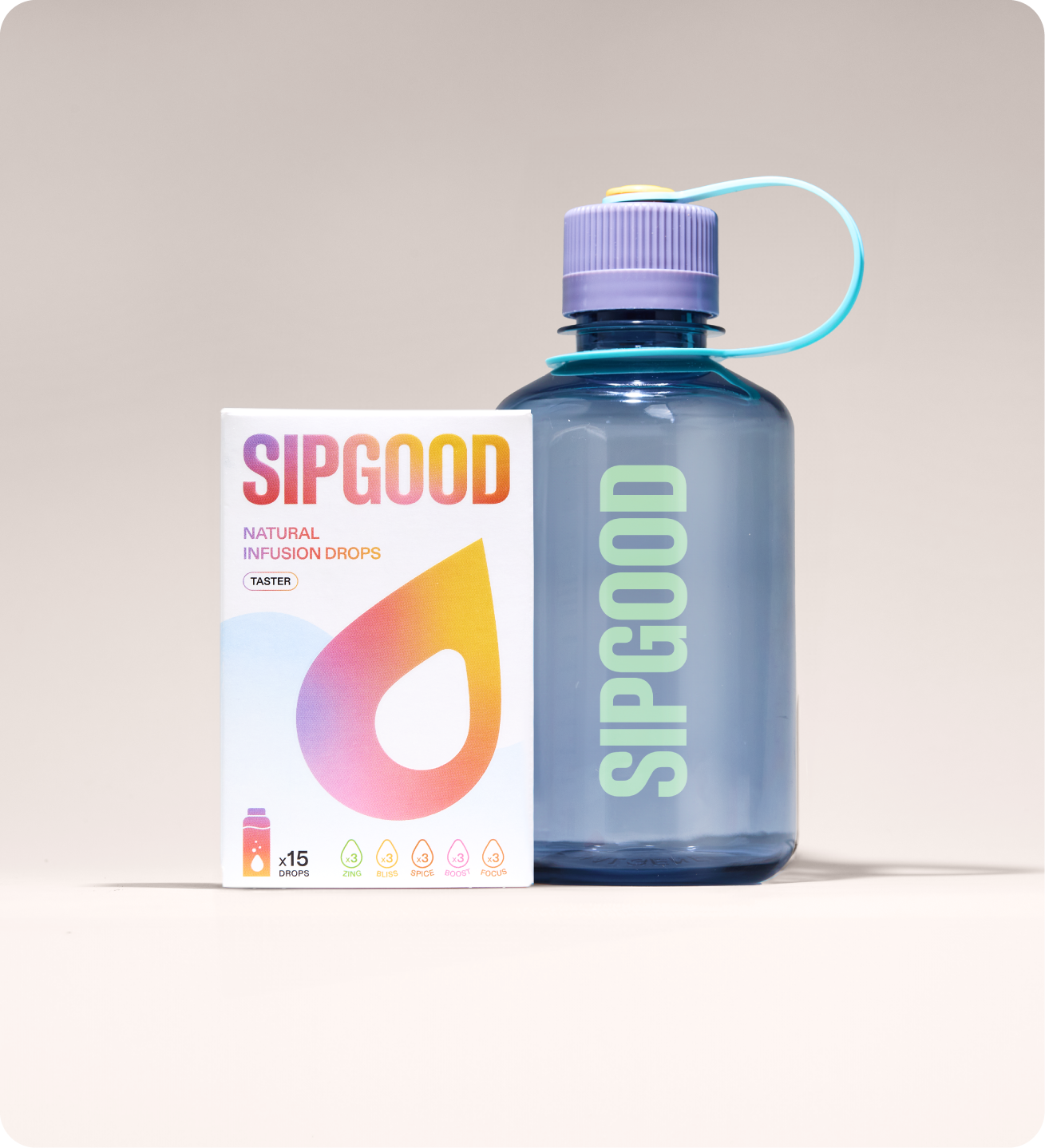 'SIPGOOD infusion drops box beside a purple and yellow water bottle.'