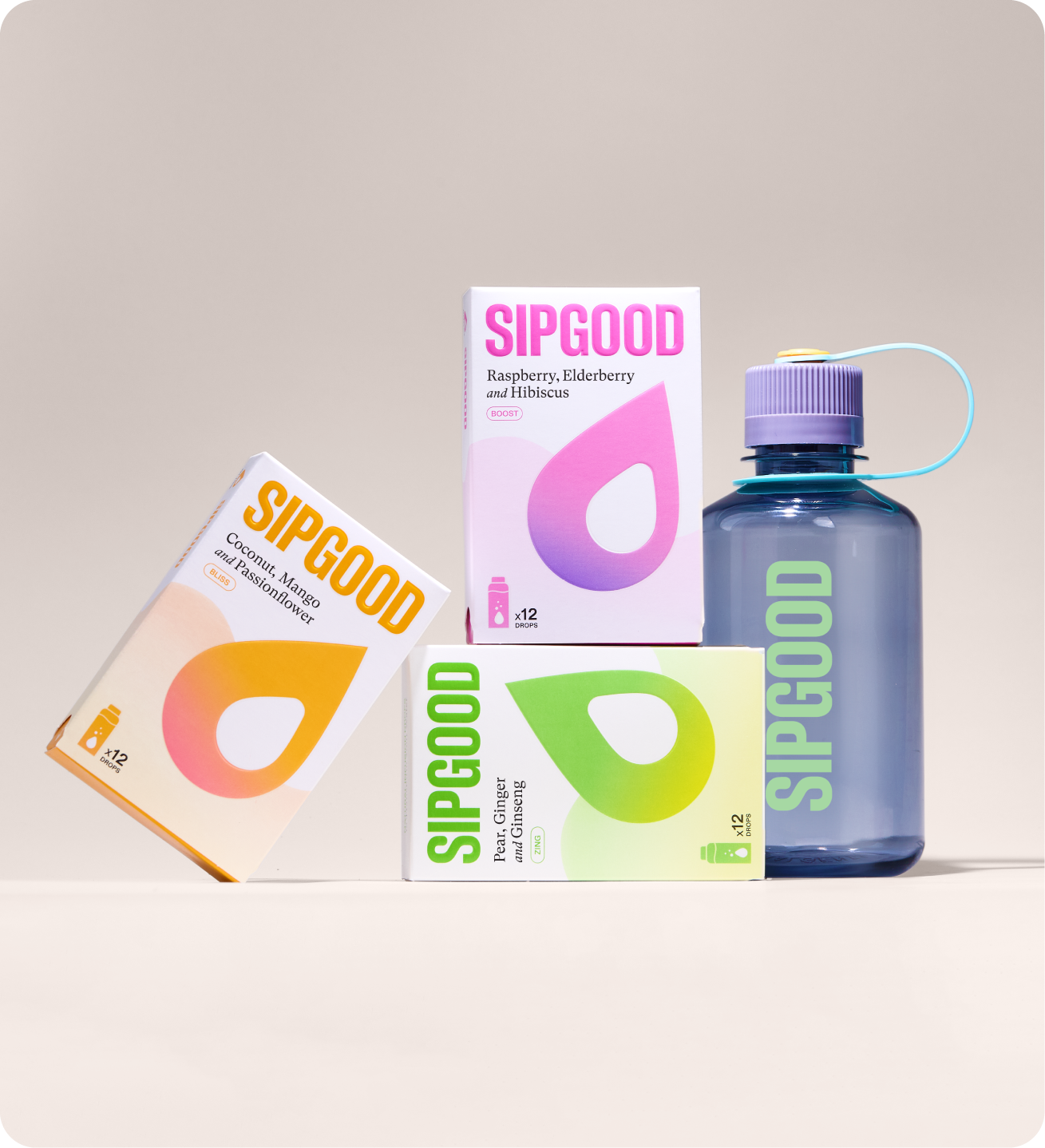 Sipgood water flavor packets and bottle set against a pastel blue background.