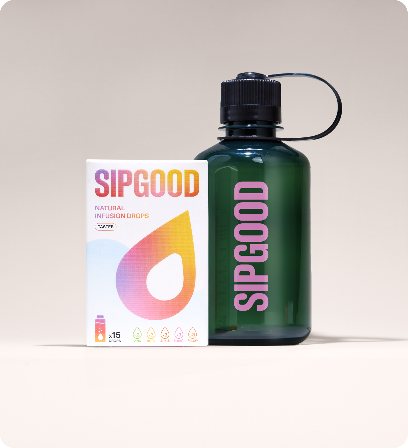 'SIPGOOD infusion drops box beside a purple and yellow water bottle.'