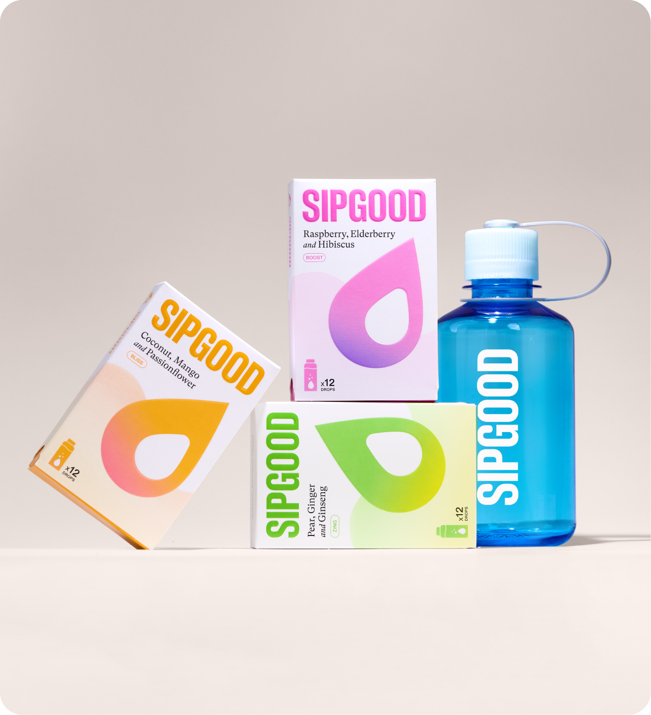 Sipgood water flavor packets and bottle set against a pastel blue background.