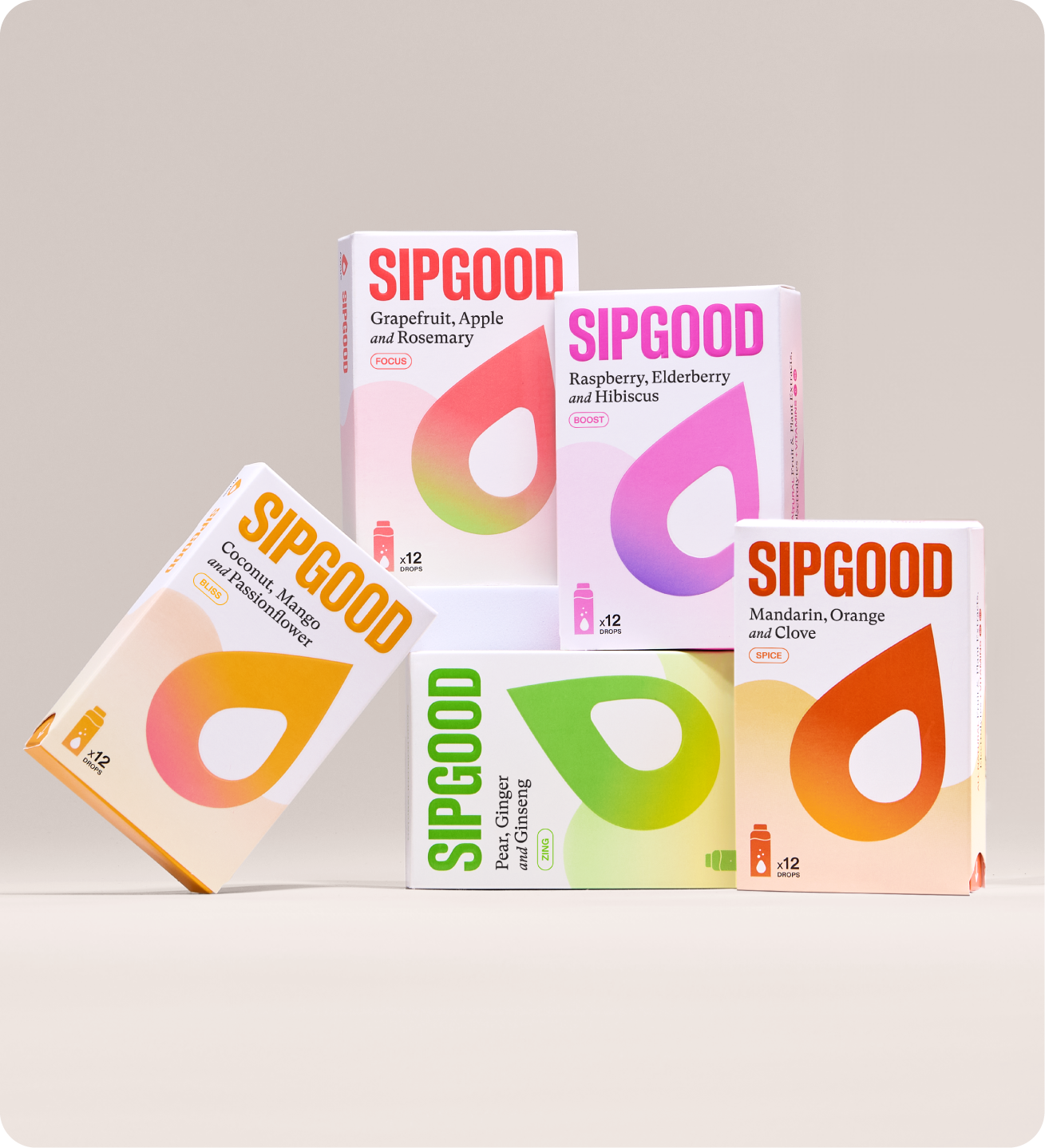 Five colorful SIPGOOD drink boxes displayed on light blue pedestals.